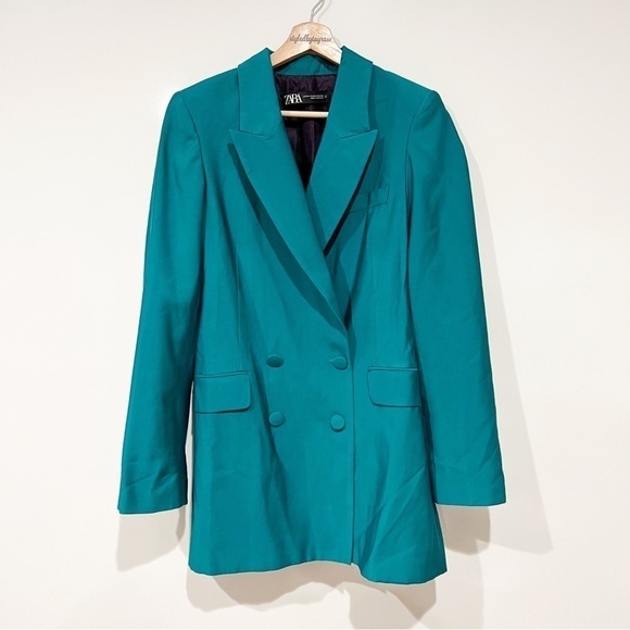 Zara Long Buttoned Blazer in Green Blue - Picture 5 of 16